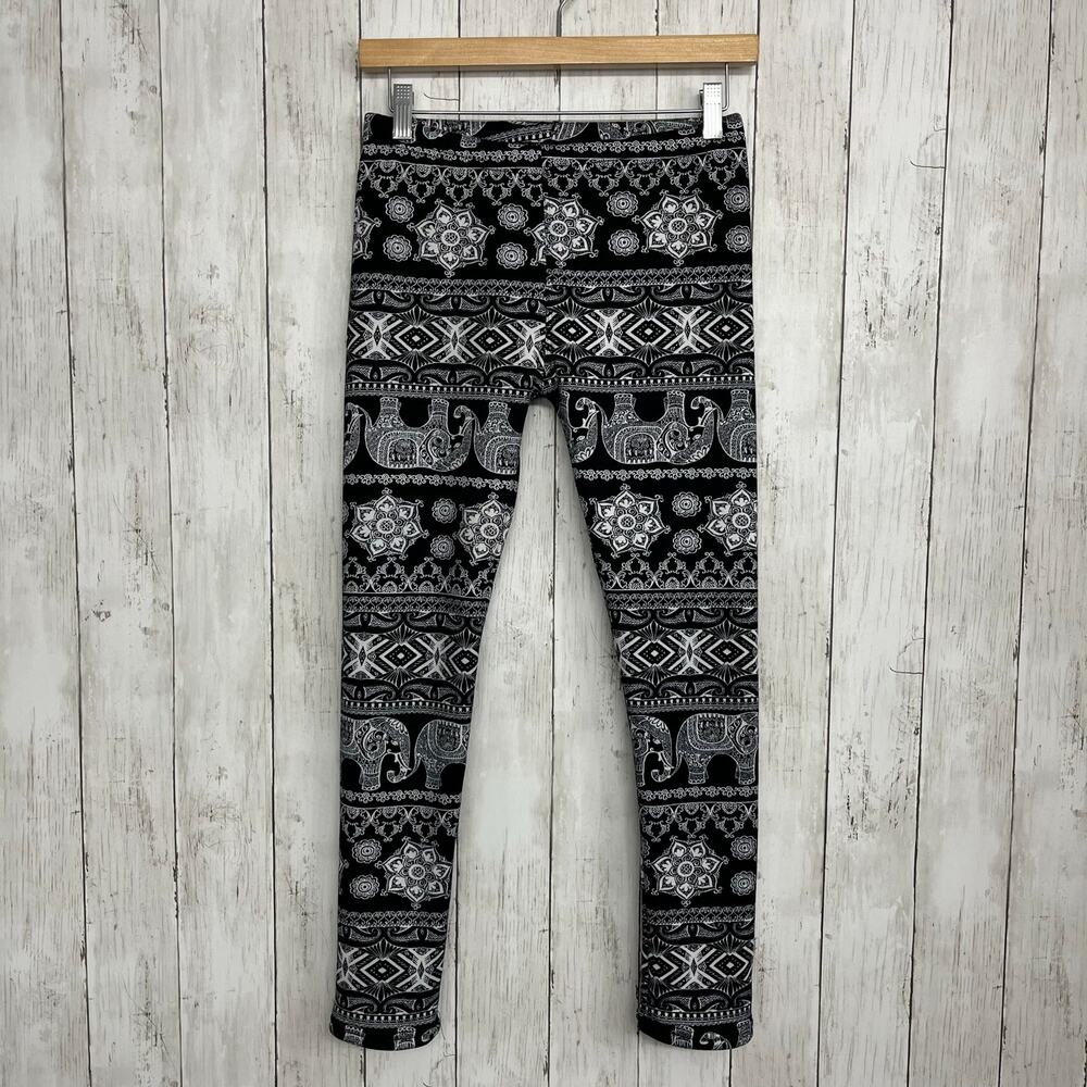Just Cozy Lined Black White Elephant Tribal Warm Winter Stretch Pull On Leggings